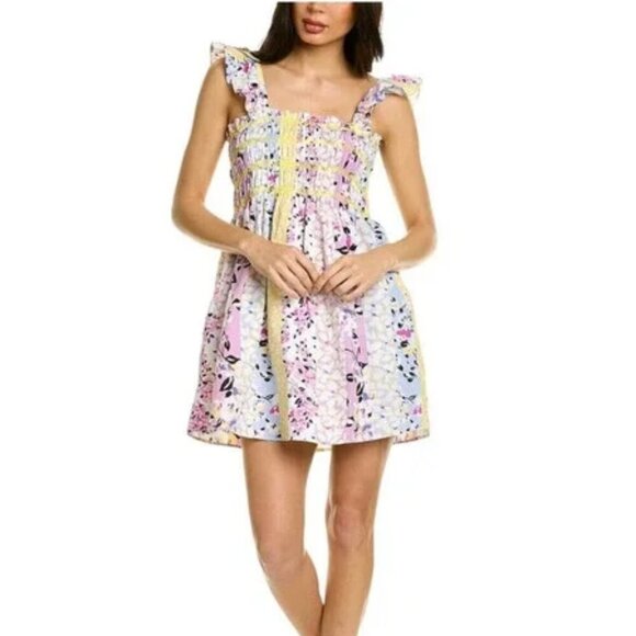 French Connection Blue White Smoched Floral Ruched Mini Dress - Picture 1 of 11